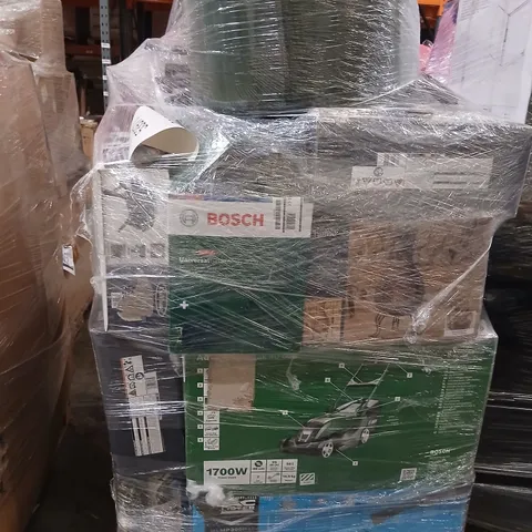 PALLET OF ASSORTED PRODUCTS TO INCLUDE; MAC ALLISTER LAWNMOWER, BOSCH LAWN MOWER, BOSCH GARDEN TIDY, CLASSIC CHIMINEA AND TUB CHAIR