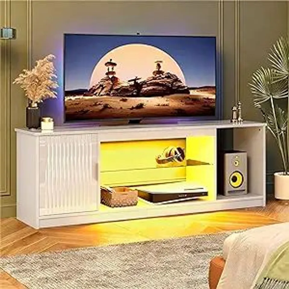 BOXED BESTIER GLOSSY FLUTED TV STAND FOR 65 INCH TV - BRIGHT WHITE (1 BOX)