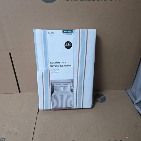 M&S HOME COTTON RICH REVERSIBLE BEDSET – KING SIZE, DUVET COVER & 2 PILLOWCASES (STAYNEW EASY IRON)