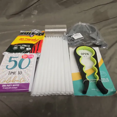 TOTE OF APPROXIMATELY 10 ASSORTED HOUSEHOLD ITEMS TO INCLUDE PARTY INVITES, CAN OPENER AND WALLPAPER ADHESIVE