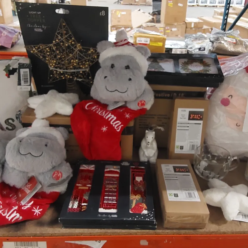 LARGE ASSORTMENT OF CHRISTMAS PRODUCTS TO INCLUDE; CANDLES, STOCKINGS, TREE SKIRTS, CUSHIONS ETC