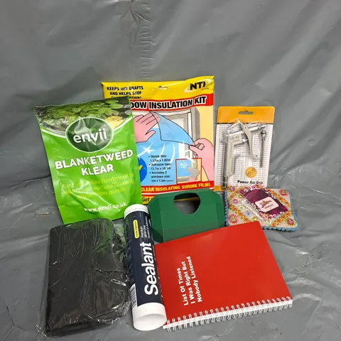 APPROXIMATELY 12 ASSORTED HOUSEHOLD ITEMS TO INCLUDE ALL-IN-ONE SEALANT, WINDOW INSULATION KIT, POWER AIR GUN, ETC