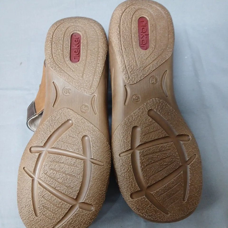 BOXED PAIR OF RIEKER WOMEN'S DOUBLE STRAP SANDALS IN BROWN/TAN - UK 6