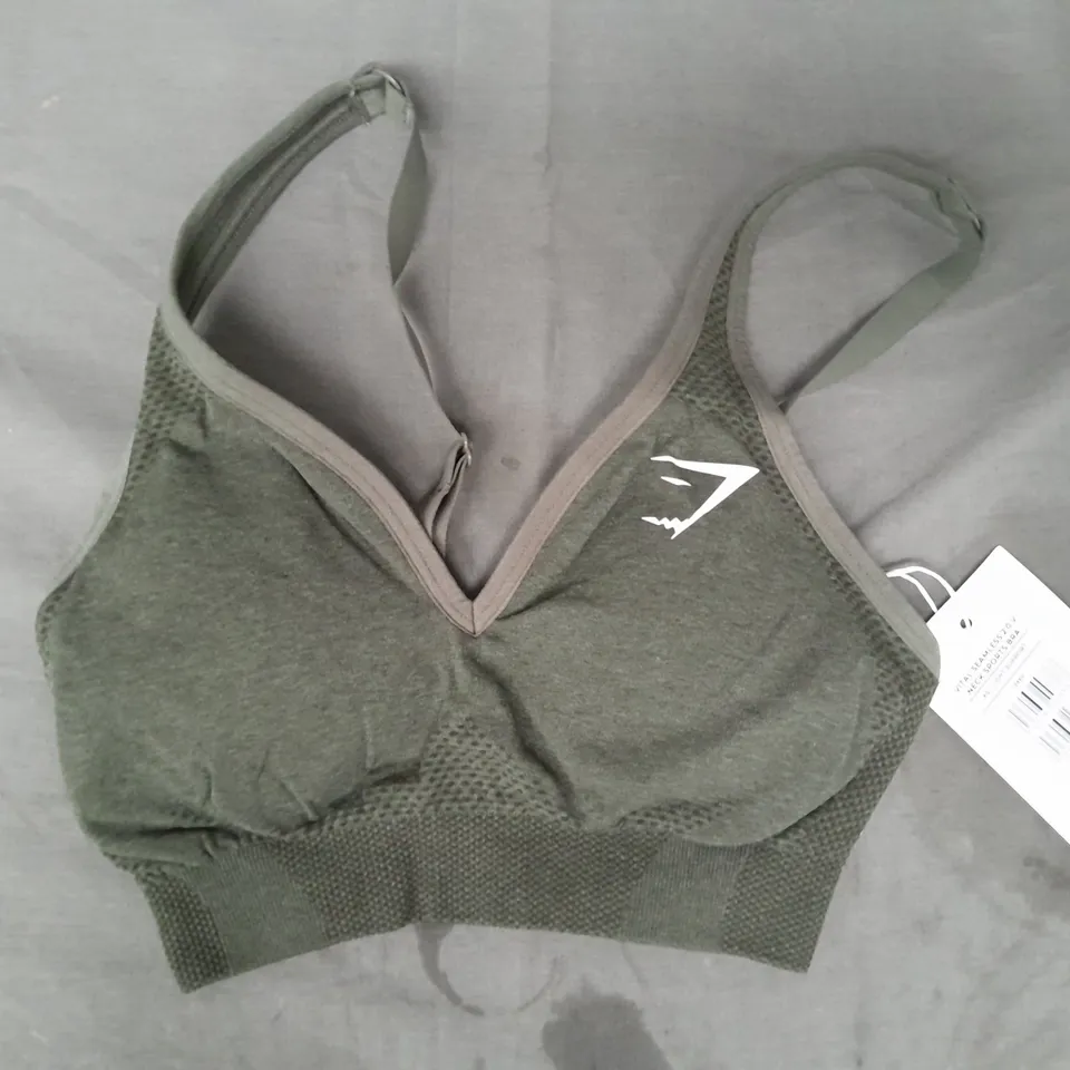 GYM SHARK VITAL SEAMLESS 2.0 V-NECK SPORTS BRA IN GREEN SIZE XS