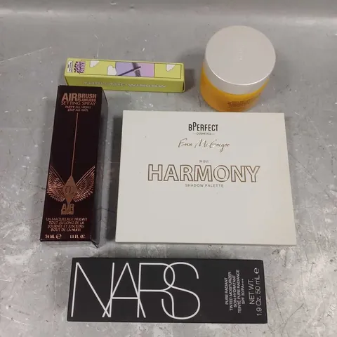 LOT OF 5 ASSORTED COSMETIC PRODUCTS TO INCLUDE - BPERFECT MINI HARMONY SHADOW PALETTE - CHARLOTTE TILBURY AIRBRUSH FLAWLESS SETTING SPRAY - NARS TINTED MOISTURISER - ETC