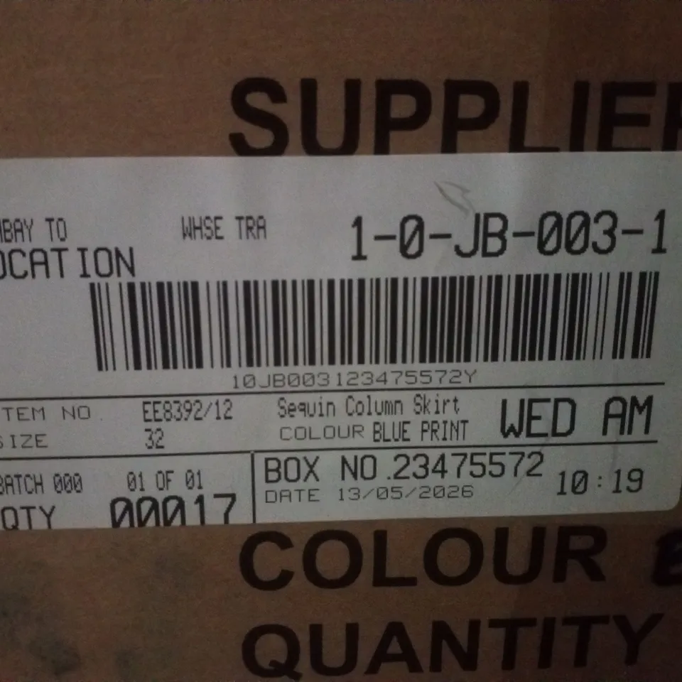BOX CONTAINING APPROXIMATELY 17 BRAND NEW JD WILLIAMS BLUE PRINT SEQUIN COLUMN SKIRT - SIZE 32