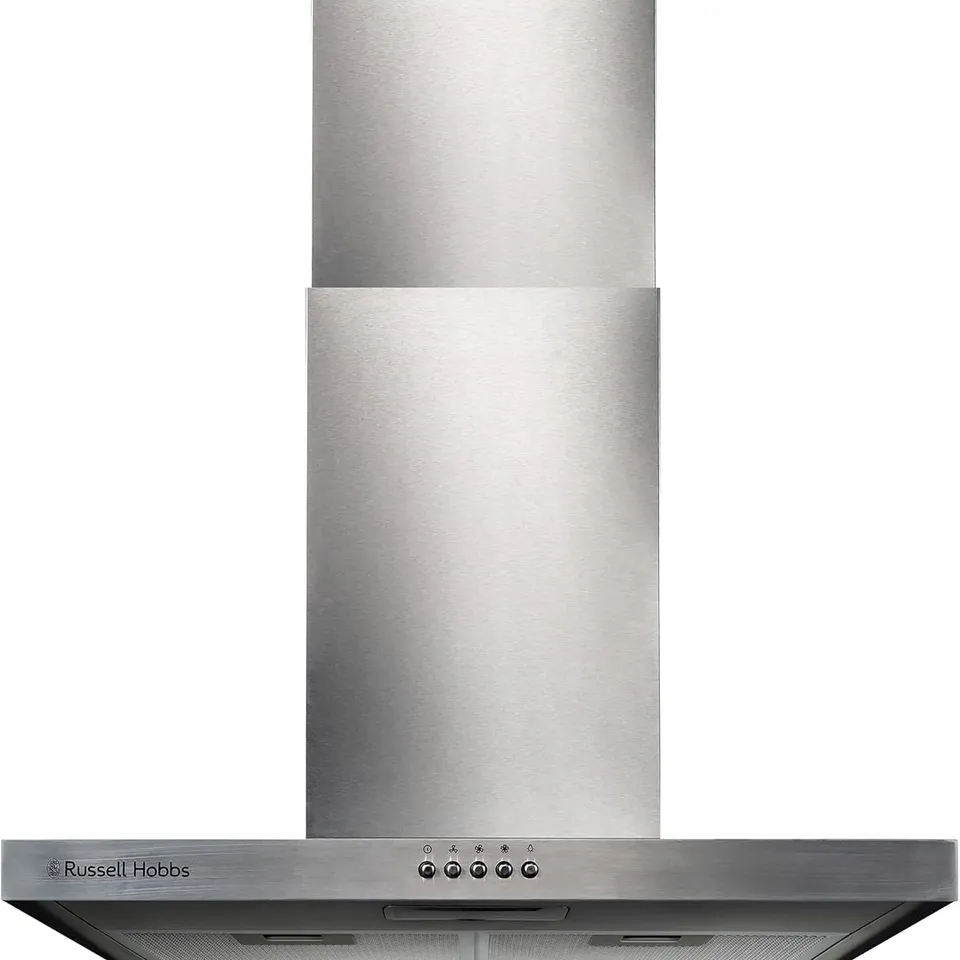BOXED RUSSELL HOBBS CHIMNEY COOKER HOOD 60CM T-SHAPED KITCHEN EXTRACTOR FAN IN BLACK, 3 SPEED SETTINGS & LED LIGHT EXTRACTION & RECIRCULATION FEATURES, 2 X WASHABLE ALUMINIUM FILTERS RHTCH600B1B