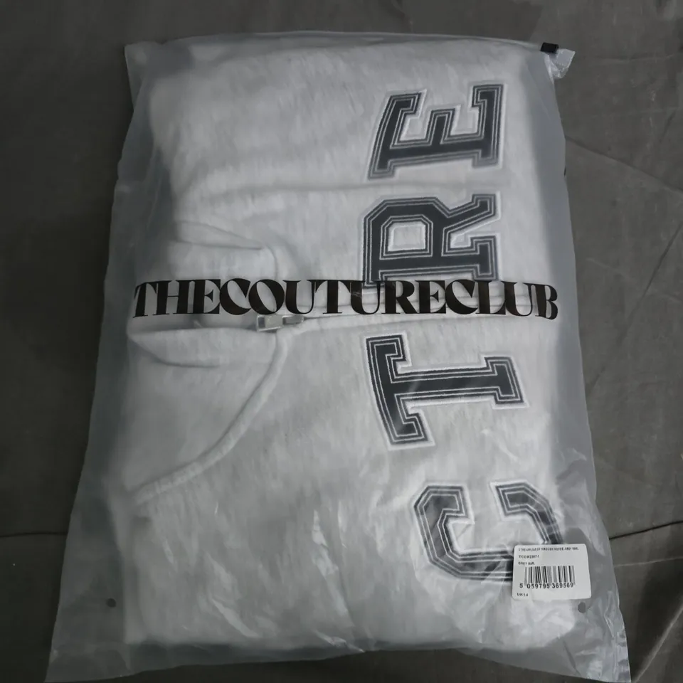 BAGGED COUTURE CLUB APPLIQUE ZIP THROUGH HOODIE IN GREY MARL - UK 14