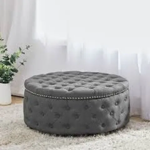 BOXED LIVINGANDHOME LINEN ROUND BUTTONED OTTOMAN WITH STUDDED EDGE - LIGHT GREY (1 BOX)