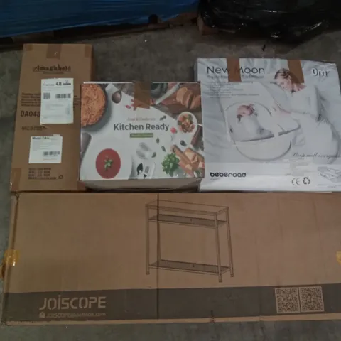 PALLET OF ASSORTED ITEMS INCLUDING JOISCAPE SHELVING UNIT, AMAGABELI FIREPLACE TOOLS, NEW MOON TRAVEL BASSINET & CO SLEEPER, GETFIT PREMIUM KING AIR BED, AMAGABELI GREEN PVC COATED WIRE MESH NETTING