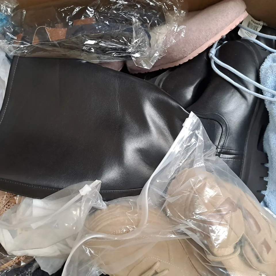 BOX OF APPROXIMATELY 15 ASSORTED PAIRS OF SHOES AND FOOTWEAR ITEMS IN VARIOUS STYLES AND SIZES TO INCLUDE FITVILLE, M&S, DP, ETC