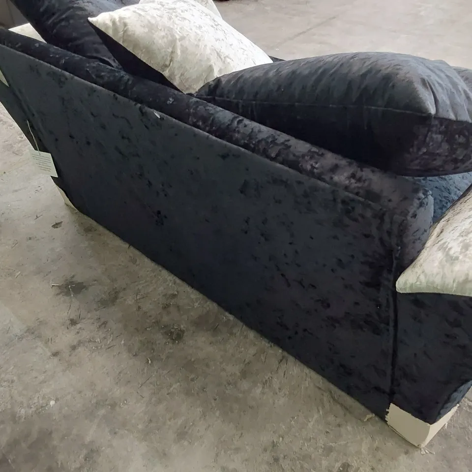 DESIGNER ZULU TWO SEATER SOFA WITH SCATTER CUSHIONS BLACK/ SILVER CRUSHED PLUSH FABRIC