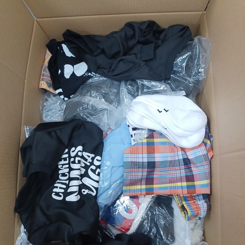 BOX OF ASSORTED CLOTHING ITEMS TO INCLUDE SOCKS, PYJAMAS, JUMPERS ETC 
