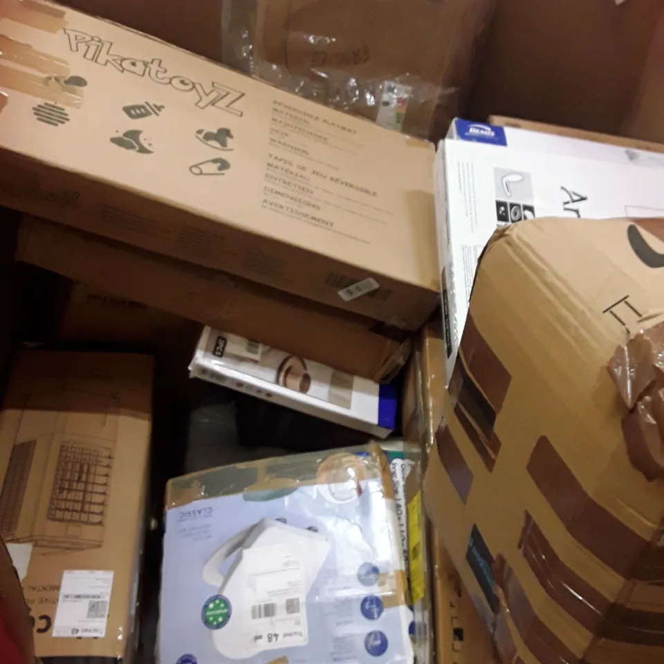 PALLET OF ASSORTED HOUSEHOLD GOODS AND PRODUCTS TO INCLUDE; PRO BREEZE FANS, DRAWERS, COOLER, BOXED FURNITURE ETC