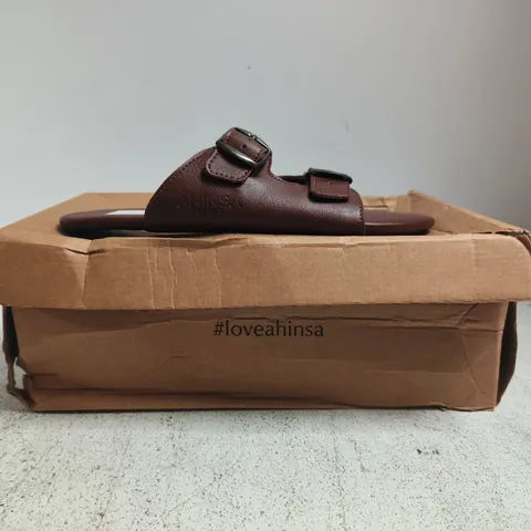 BOXED PAIR OF AHINSA OPEN TOE FLAT SANDALS IN CHOCOLATE SIZE EU 39