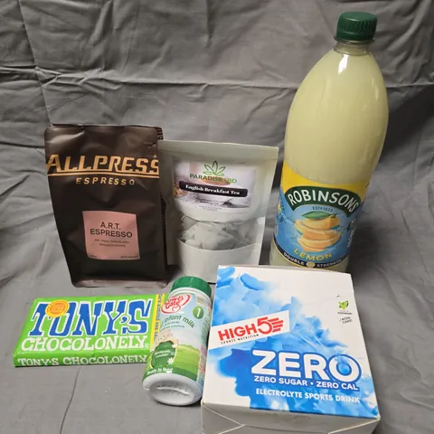 APPROXIMATELY 15 ASSORTED FOOD/DRINK PRODUCTS TO INCLUDE HIGH 5 SPORTS DRINKS, TONY'S CHOCOLATE, ALL PRESS ESPRESSO ETC 