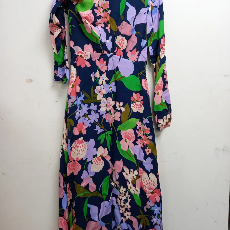 FLORERE PRINTED HIGH NECK DRESS IN NAVY - UK 8 