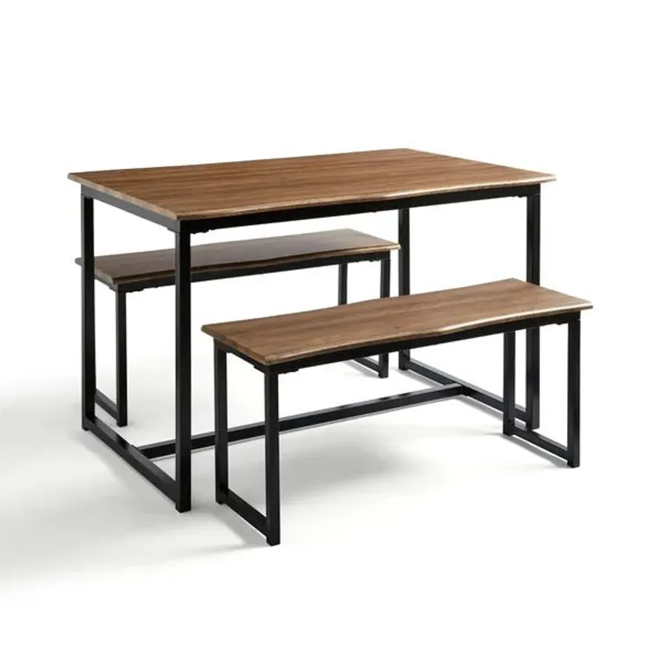BOXED RONAN 4 SEATER WAVE EDGE DINING TABLE AND BENCH SET - RUSTIC OAK EFFECT (1 BOX)
