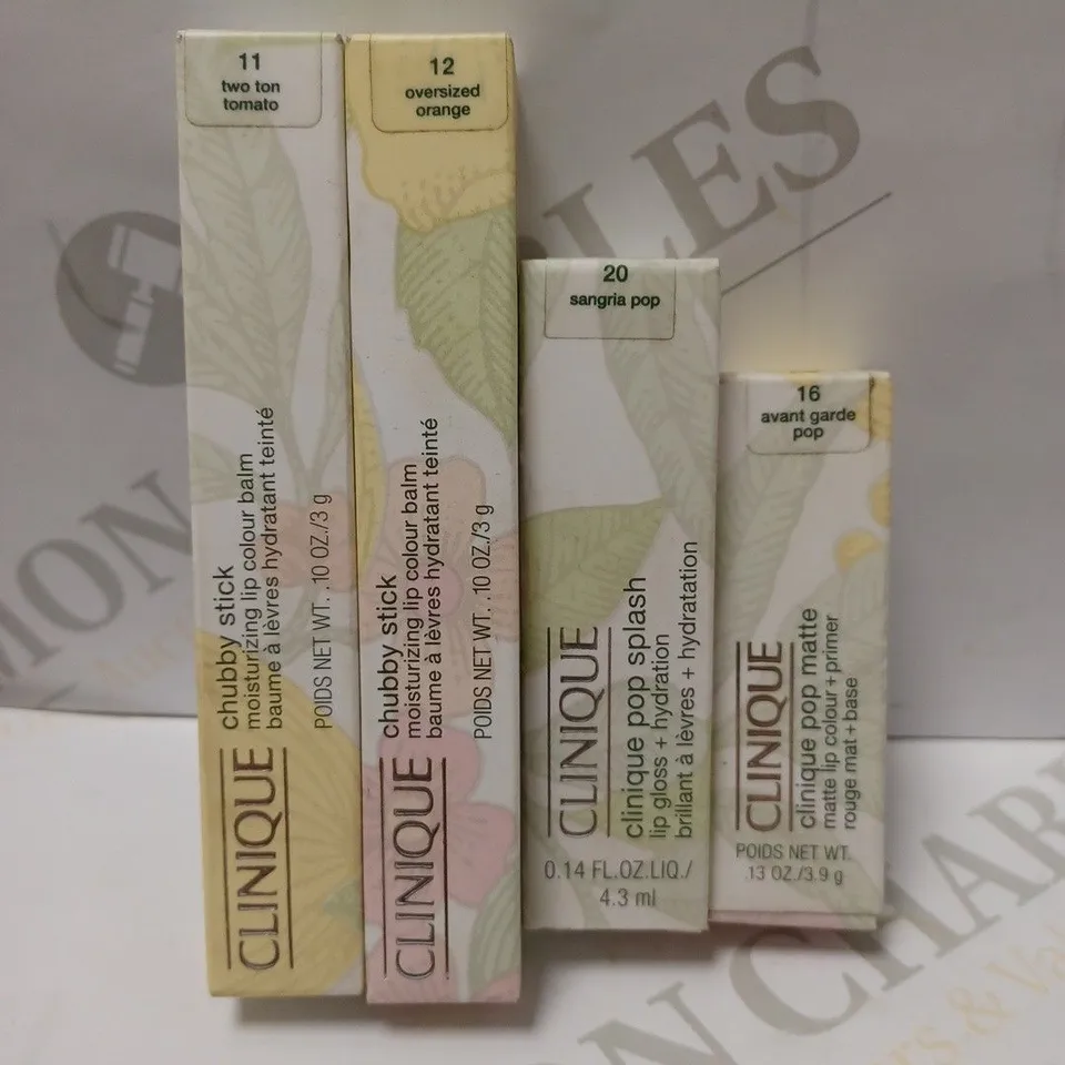 LOT OF 4 ASSORTED CLINIQUE PRODUCTS TO INCLUDE CHUBBY STICK 11 TWO TON TOMATO, POP SPLASH LIPGLOSS 20 SANGRIA POP, MATTE LIP COLOUR 16 AVANT GARDE POP, ETC 