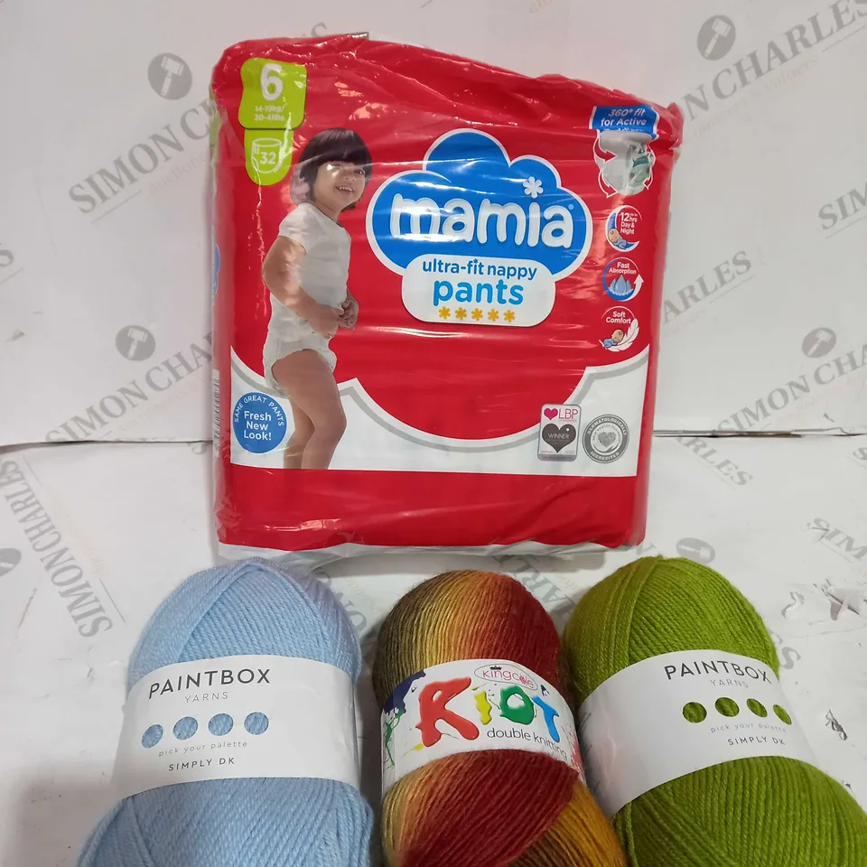 BOX OF APPROXIMATELY 20 ASSORTED ITEMS TO INCLUDE MAGNERS BOTTLE, MAMIA NAPPYS, YARN ETC