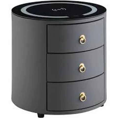 BOXED NIGHTSTAND WIRELESS CHARGING STATION AND 3 COLOR LED, FAUX LEATHER SURFACE BEDSIDE CABINET WITH 3 DRAWERS, DARK GRAY
