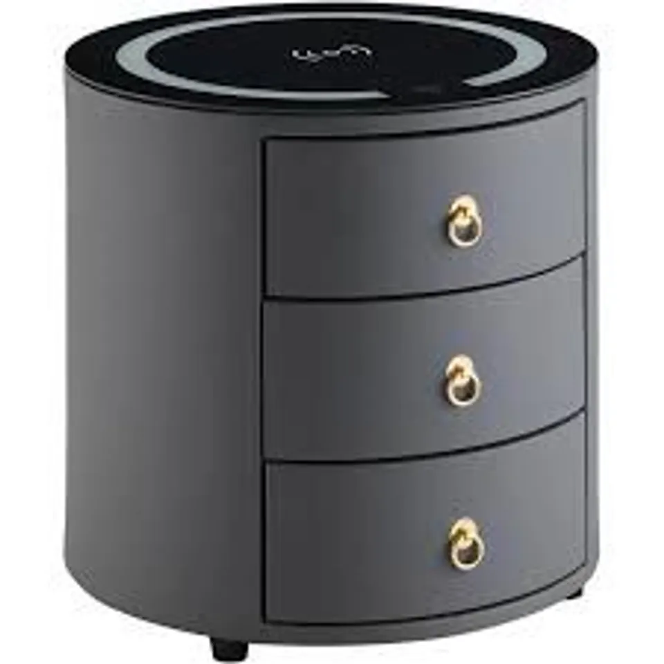 BOXED NIGHTSTAND WIRELESS CHARGING STATION AND 3 COLOR LED, FAUX LEATHER SURFACE BEDSIDE CABINET WITH 3 DRAWERS, DARK GRAY