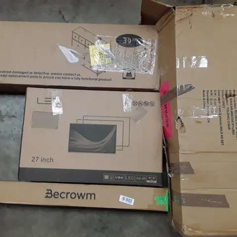 PALLET TO CONTAIN AN ASSORTMENT OF HOUSEHOLD ITEMS TO INCLUDE FOLDING CHAIR, DRAWS, BABY GATES AND 27 INCH MONITOR ECT