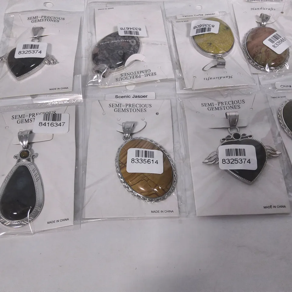 LOT OF 8 BRAND NEW SEMI-PRECIOUS GEMSTONE NECKLACE PENDANTS TO INCLUDE RAINBOW PICASSO STONE AND SCENIC JASPER