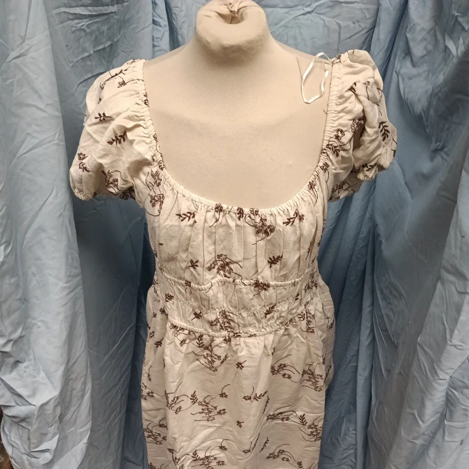 WILD FLOWER ALLOVER EMBROIDERED MILKMAID MIDI DRESS – STONE, UK SIZE L