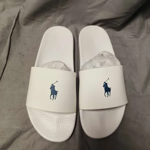 POLO RALPH LAUREN WHITE SLIDE SANDALS – BLUE POLO RIDER LOGO SIZE 9 