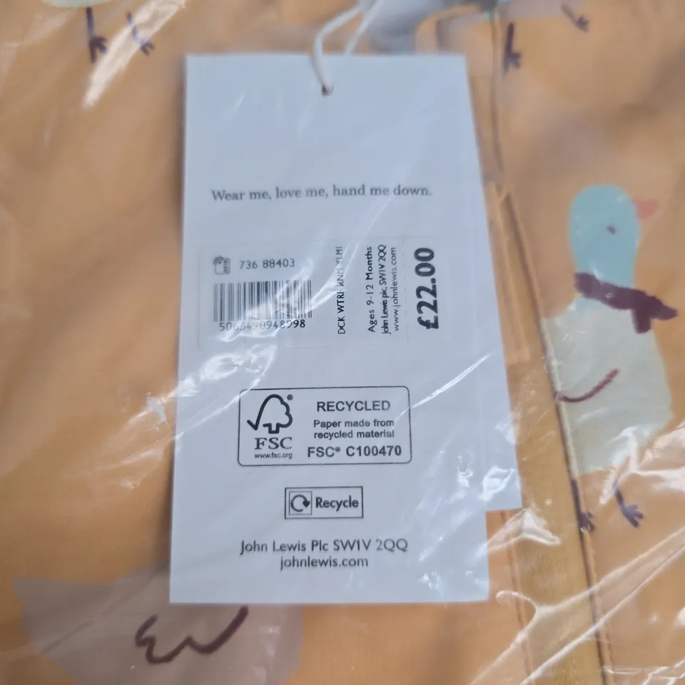 JOHN LEWIS DUCK THEMED WATERPROOF JACKET IN YELLOW - 9/12 MONTHS