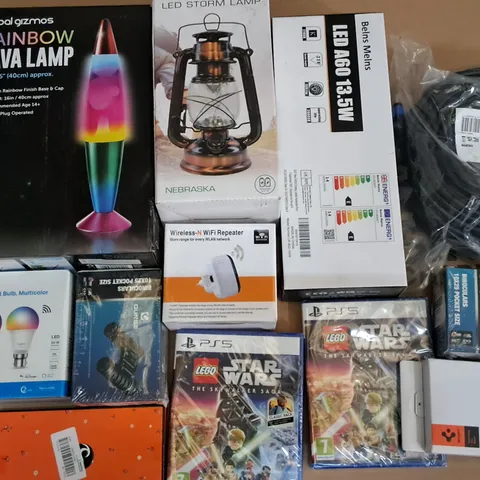 LARGE QUANTITY OF ASSORTED ITEMS TO INCLUDE RAINBOW LAVA LAMP, TAPO SMART BULBS AND PS5 STAR WARS