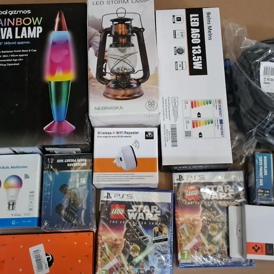 LARGE QUANTITY OF ASSORTED ITEMS TO INCLUDE RAINBOW LAVA LAMP, TAPO SMART BULBS AND PS5 STAR WARS