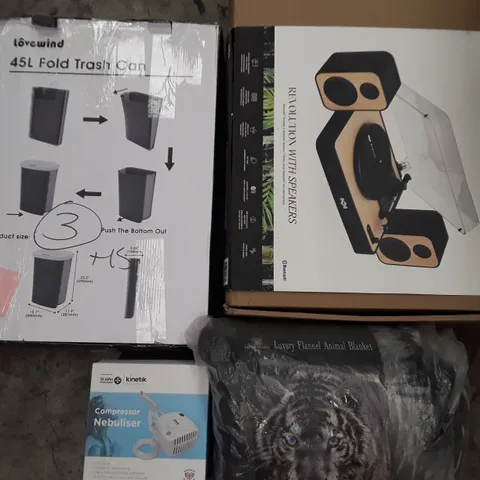 PALLET TO CONTAIN AN ASSORTMENT OF HOUSEHOLD ITEMS TO INCLUDE LUXURY ANIMAL BLANKETS, COMPRESSOR NEBULIZER, 45L FOLD TRASH CAN AND TURNTABLE AND SPEAKER ECT