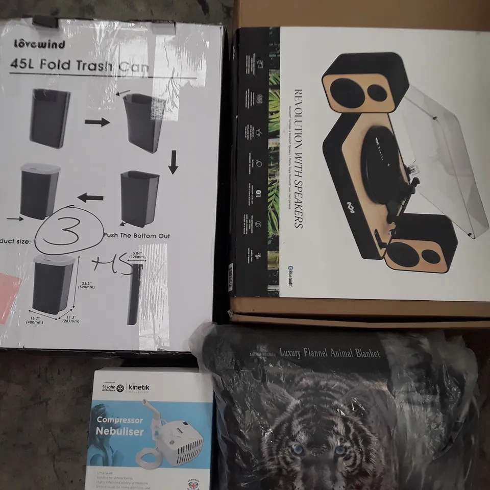 PALLET TO CONTAIN AN ASSORTMENT OF HOUSEHOLD ITEMS TO INCLUDE LUXURY ANIMAL BLANKETS, COMPRESSOR NEBULIZER, 45L FOLD TRASH CAN AND TURNTABLE AND SPEAKER ECT 