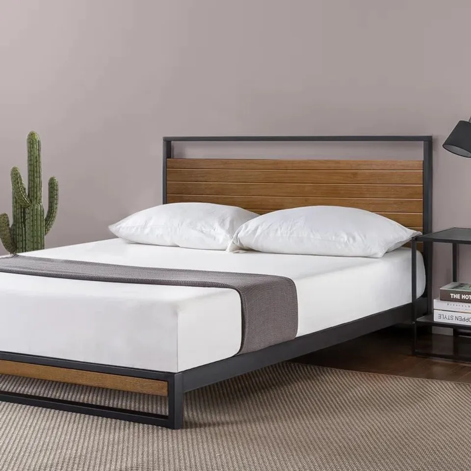 BOXED BAGHDO INDUSTRIAL BED FRAME WITH SOLID WOOD HEADBOARD // SIZE UNSPECIFIED (1 BOX)