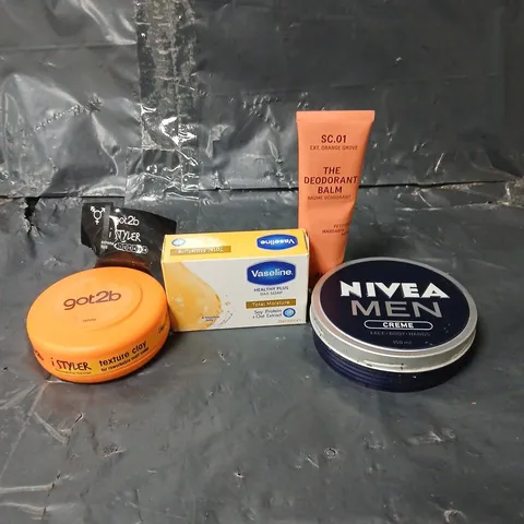 APPROXIMATEY 20 ASSORTED HEALTH AND BEAUTY PRODUCTS TO INCLUDE GO 2 B TEXTURE CLAY, VASELINE SOAP BAR AND NIVEA MEN CREME