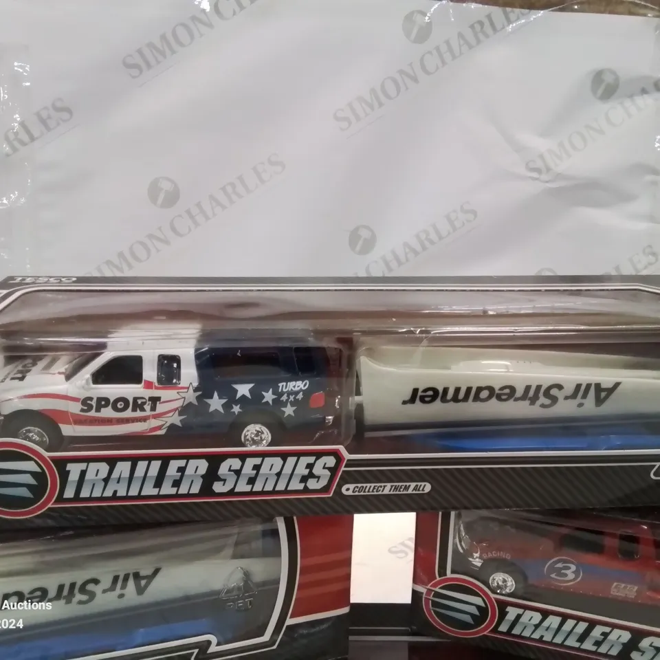 BOX CONTAINING 6 NEW BOXED AND SEALED TRAILER SERIES TOY CARS AND TRAILERS (COLOURS MAY VARY)