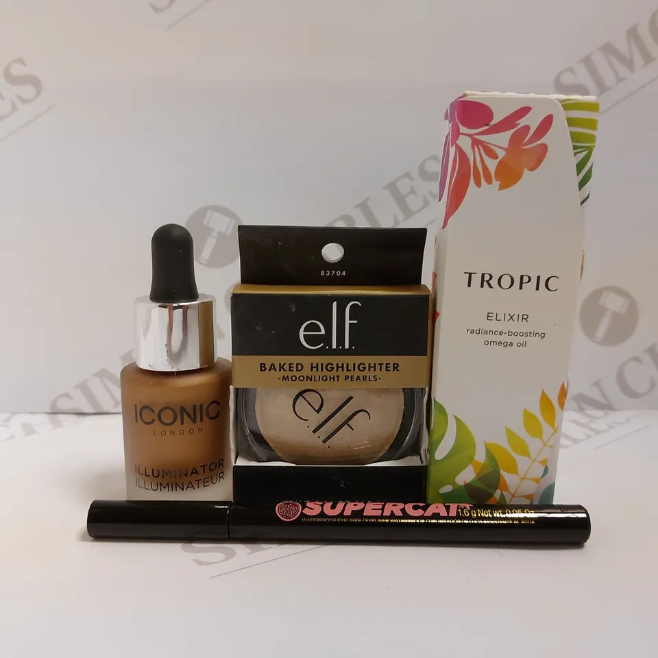 BOX OF 4 ITEMS TO INCLUDE TROPIC ELIXIR OMEGA OIL, SOAP&GLORY SUPERCAT WATERPROOF MASCARA, ICONIC ILLUMINATOR