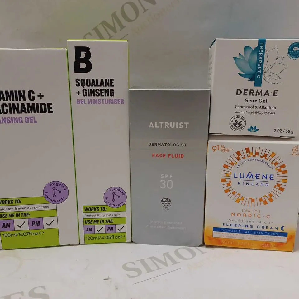 LOT OF APPROX 5 ASSORTED SKINCARE PRODUCTS TO INCLUDE BEAUTY BAY CLEANSING GEL, ALTRUIST FACE FLUID, LUMENE NORDIC-C SLEEPING CREAM, ETC 
