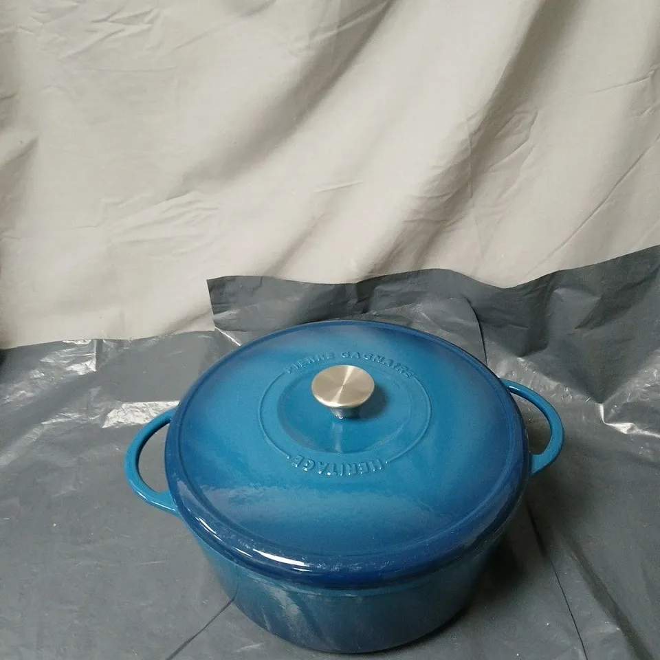 PIERRE GAGNAIRE HERITAGE BLUE ENAMELLED CAST IRON CASSEROLE POT WITH LID 