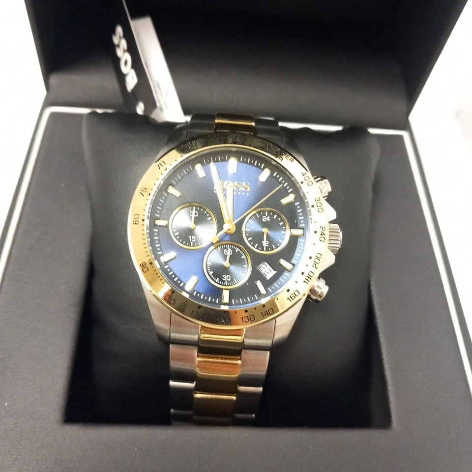 BOXED HUGO BOSS TWO TONE CHRONOGRAPH WRIST WATCH