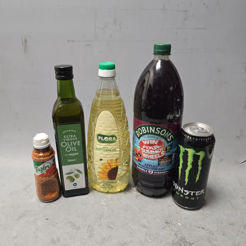 APPROXIMATELY 11 ASSORTED FOOD & DRINK ITEMS TO INCLUDE - EXTRA VIRGIN OLIVE OIL , FLORA SUNFLOWER OIL , MONSTER ETC