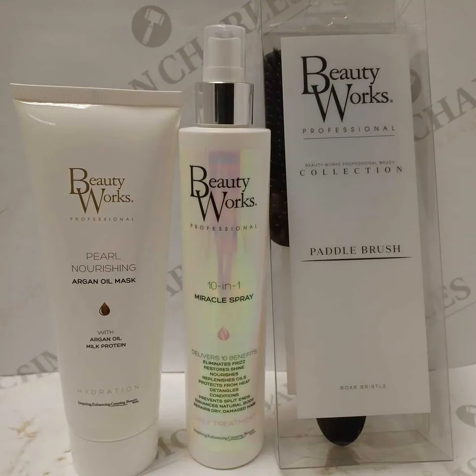LOT OF 3 BEAUTY WORKS PRODUCTS TO INCLUDE ARGAN OIL MASK, MIRACLE SPRAY, PADDLE BRUSH, ETC 