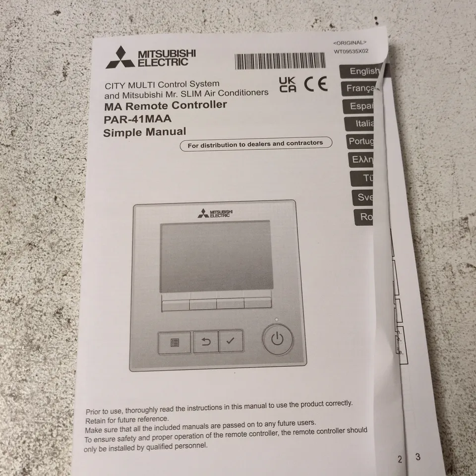 MITSUBISHI ELECTRIC MA REMOTE CONTROLLER PAR-41MAA