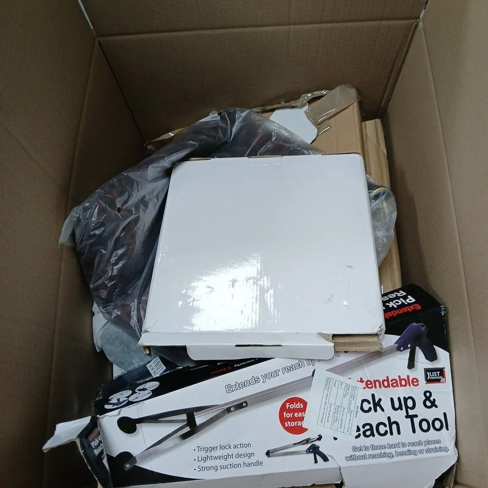 BOX OF APPROXIMATELY 15 ASSORTED HOUSEHOLD ITEMS TO INCLUDE TOUCH, CLOTHING ETC