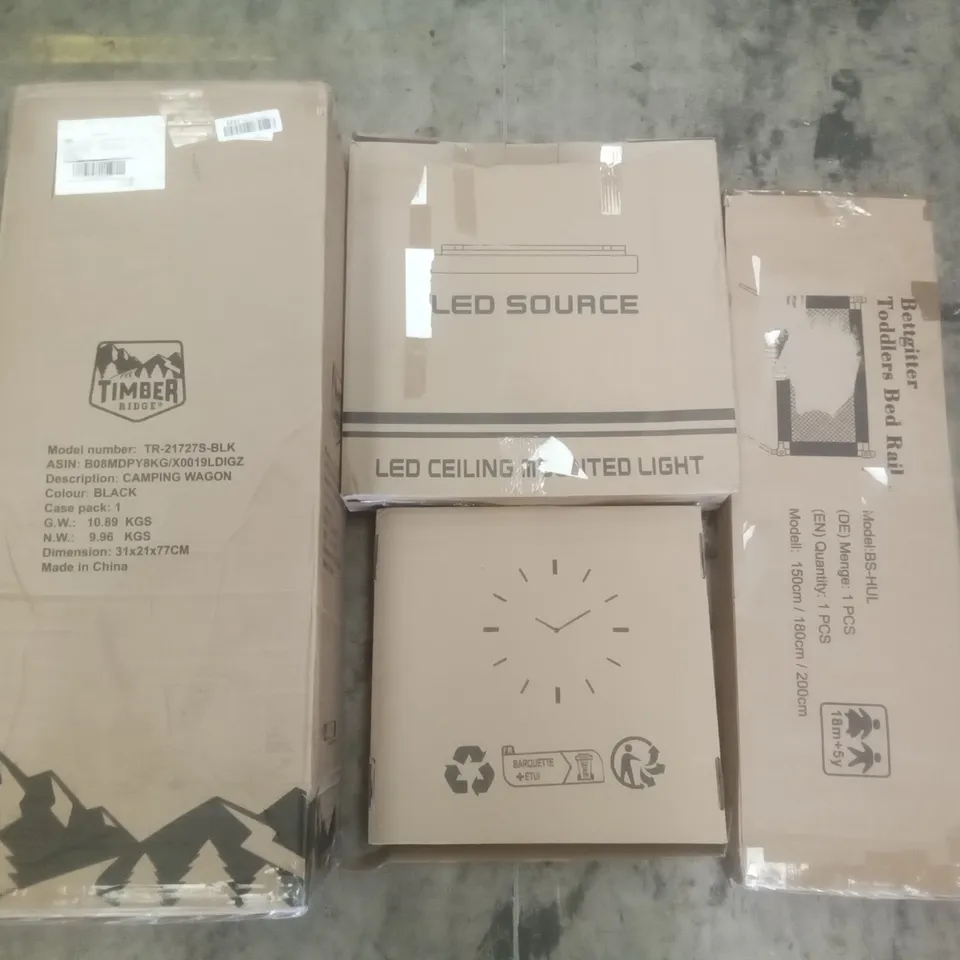 PALLET OF ASSORTED ITEMS INCLUDING TIMBER RIDGE CAMPING WAGON, LED CEILING LIGHT, WALL CLOCK, TODDLERS BED RAIL, KITCHEN FAUCET 