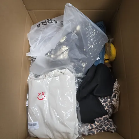 LARGE BOX OF APPROXIMATELY 20 ASSORTED CLOTHING ITEMS IN VARIOUS SIZES, STYLES AND COLOUR