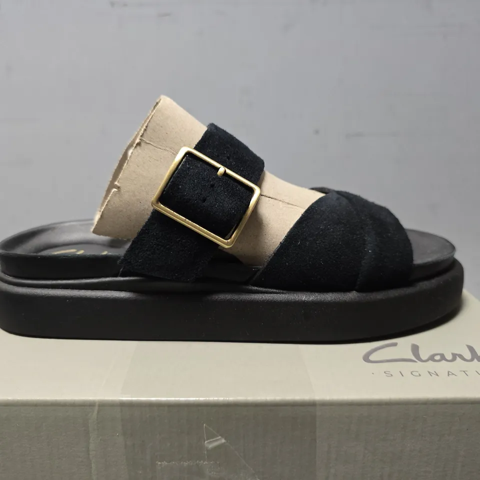 CLARKS ARISTELLA MULE SUEDE SANDAL - BLACK - SIZE 3 