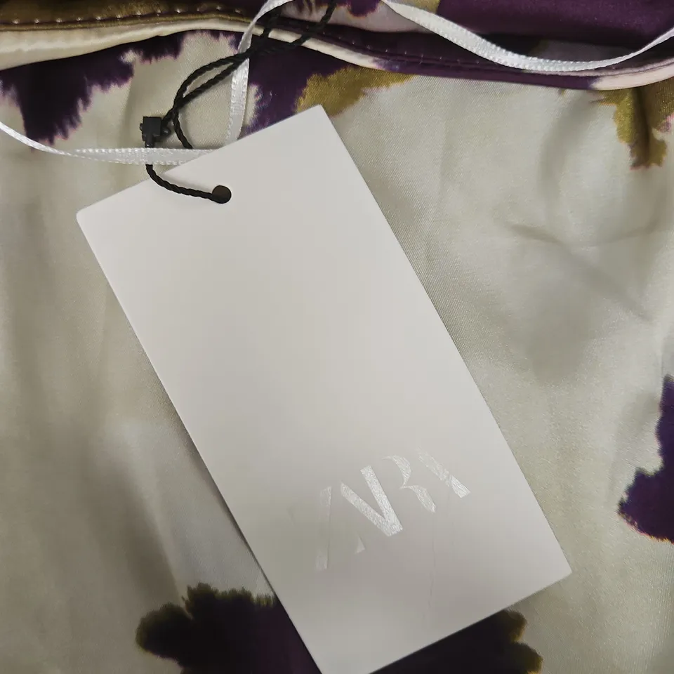 ZARA WOMEN'S DRESS – PURPLE, CREAM & OLIVE ABSTRACT PRINT, XS